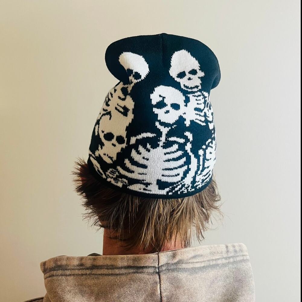 y2k grunge punk black and white skeleton beanie - Picture 2 of 7
